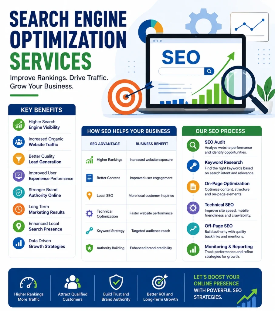 Search Engine Optimization services infographic showing SEO benefits, rankings growth, and traffic improvement strategies.